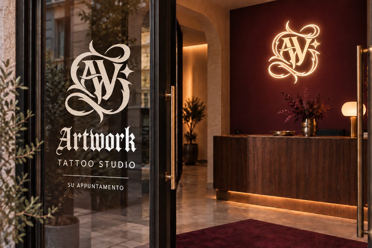 Ingresso dello studio Artwork con monogramma sul vetro e sala d'attesa Prugna con monogramma luminoso